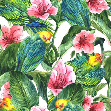 Seamless Background with Tropical Leaves, Parrots and Hibiscus
