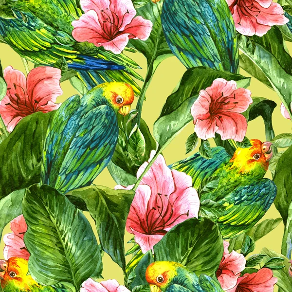 Nahtloser Hintergrund mit tropischen Blättern, Papageien und Hibiskus — Stockfoto