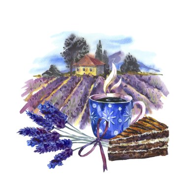 Suluboya manzara mor çiçek açan ile lavanta, fincan çay bir