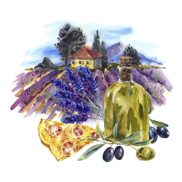 Akvarel krajiny s bloominglavender, olivový — Stock fotografie