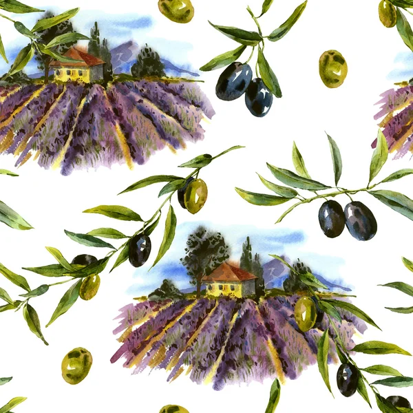 Акварельний безшовний візерунок з лавандою та оливками — стокове фото