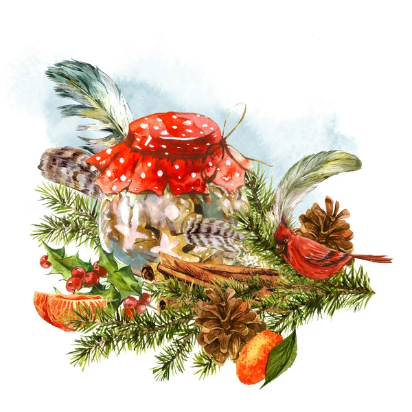 Aquarel Christmas wenskaart met zoet dessert — Stockfoto