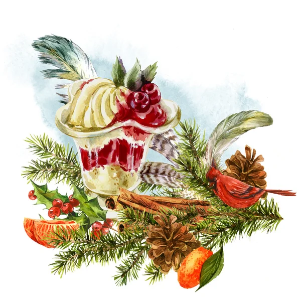 Akvarell karácsonyi üdvözlőlap édes desszert — Stock Fotó