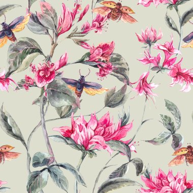 Pembe çiçekler ve böcekler ile suluboya sorunsuz arka plan