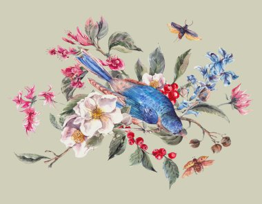 Pembe çiçekler, böcekler ve kuşlar Vintage tebrik kartı