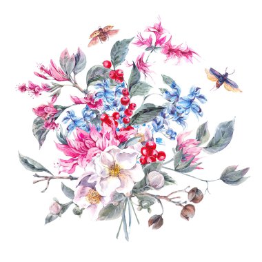 Çiçek buketi ve böcekleri Vintage tebrik kartı