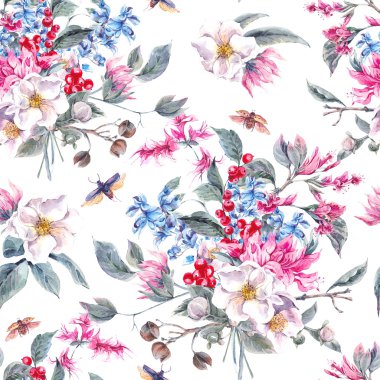 Pembe çiçekler ve böcekler ile suluboya sorunsuz arka plan