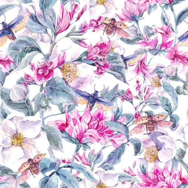 Ακουαρέλα ομοιογενές φόντο με ροζ λουλούδια και σκαθάρια — Φωτογραφία Αρχείου
