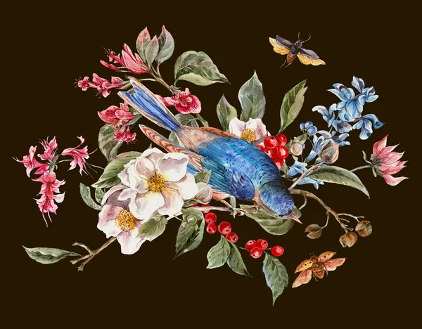 Carte de voeux vintage avec fleurs roses, coléoptères et oiseaux — Photo