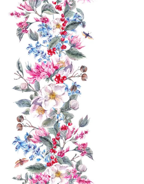 Watercolor Seamless Border with Pink Flowers and Beetles — Stock Photo, Image
