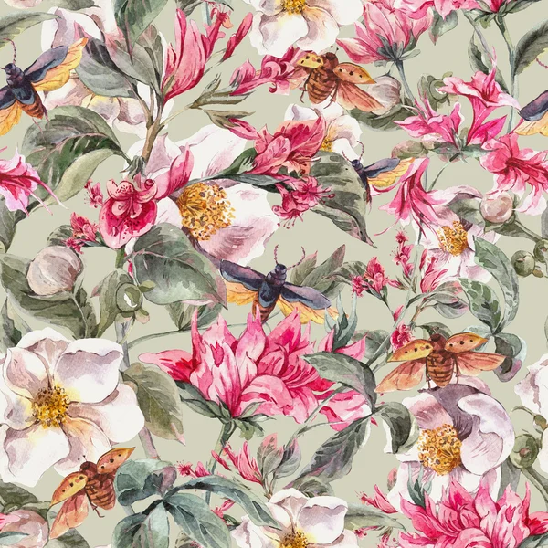 Akvarell sömlös bakgrund med rosa blommor och skalbaggar — Stockfoto