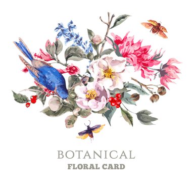 Pembe çiçekler, böcekler ve kuşlar Vintage tebrik kartı