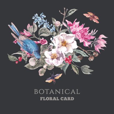 Pembe çiçekler, böcekler ve kuşlar Vintage tebrik kartı