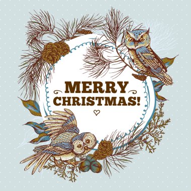 Baykuşlar, Ladin ve köknar ile koni Ghristmas yuvarlak çerçeve