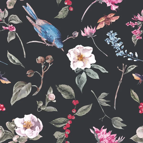 Fond sans couture avec fleurs roses, coléoptères et oiseaux — Image vectorielle