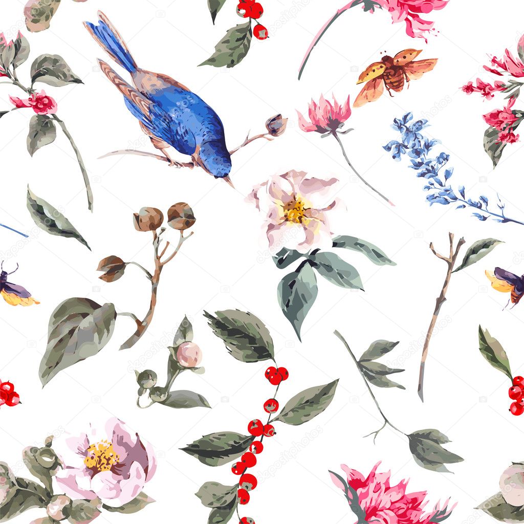 Seamless Background with Pink Flowers, Beetles and Birds