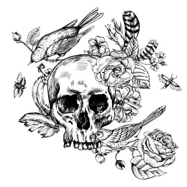 Çiçekler, güller, kuşlar ve tüyleri ile kafatası