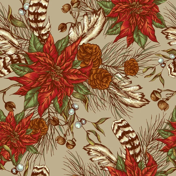 Christmas vintage seamless background with poinsettia and feathe — Διανυσματικό Αρχείο