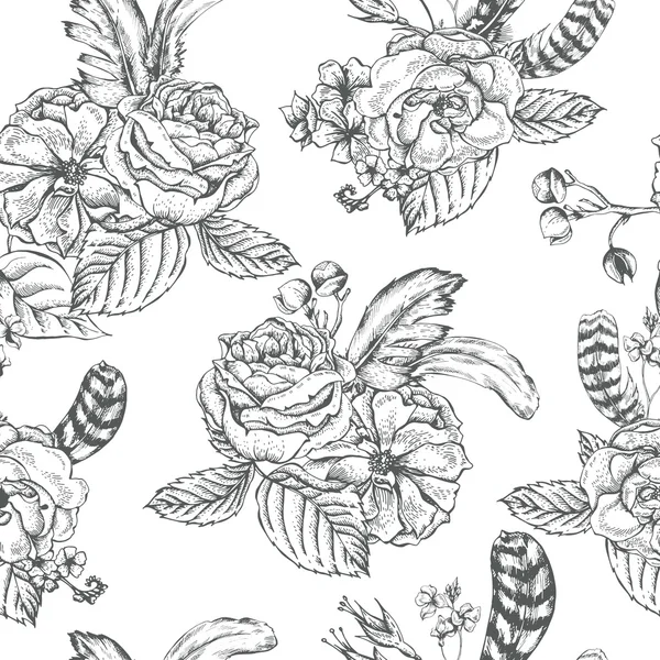 Fond floral sans couture avec des roses et des plumes — Image vectorielle