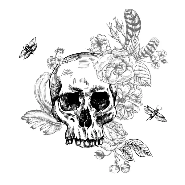 Skull, Flowers Day of The Dead, Black and white Vector illust — Stock Vector