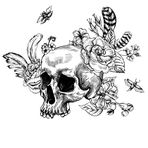 Lebka, květiny den mrtvých, černá a bílá vektorové ilustrace — Stockový vektor