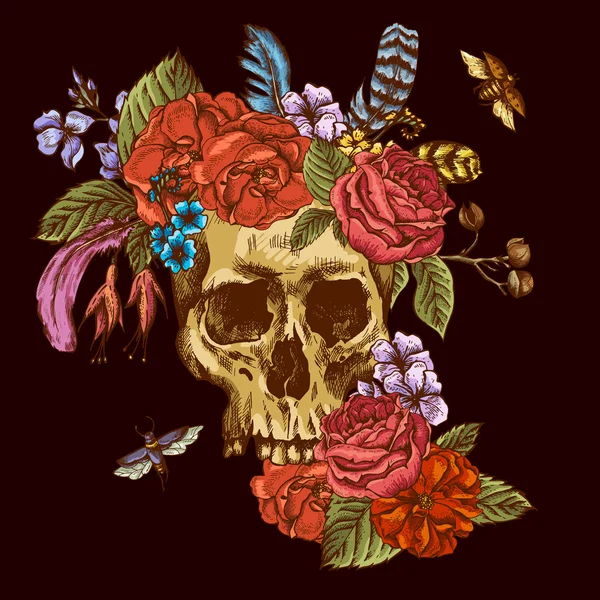 Caveira e flores Dia dos Mortos — Vetor de Stock