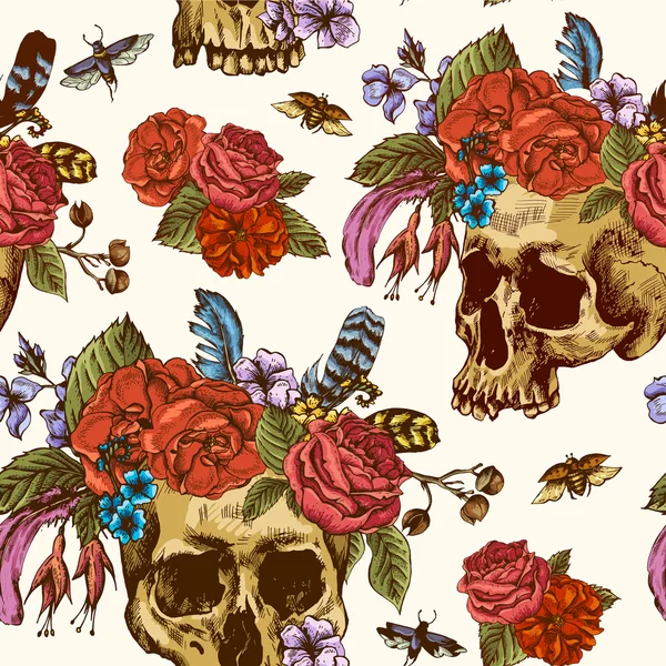 Calavera y flores Día de los Muertos Patrón sin costura — Vector de stock