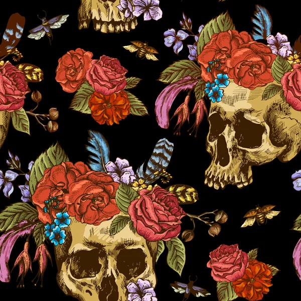 Skull and Flowers Day of The Dead Seamless Pattern — Stock Vector