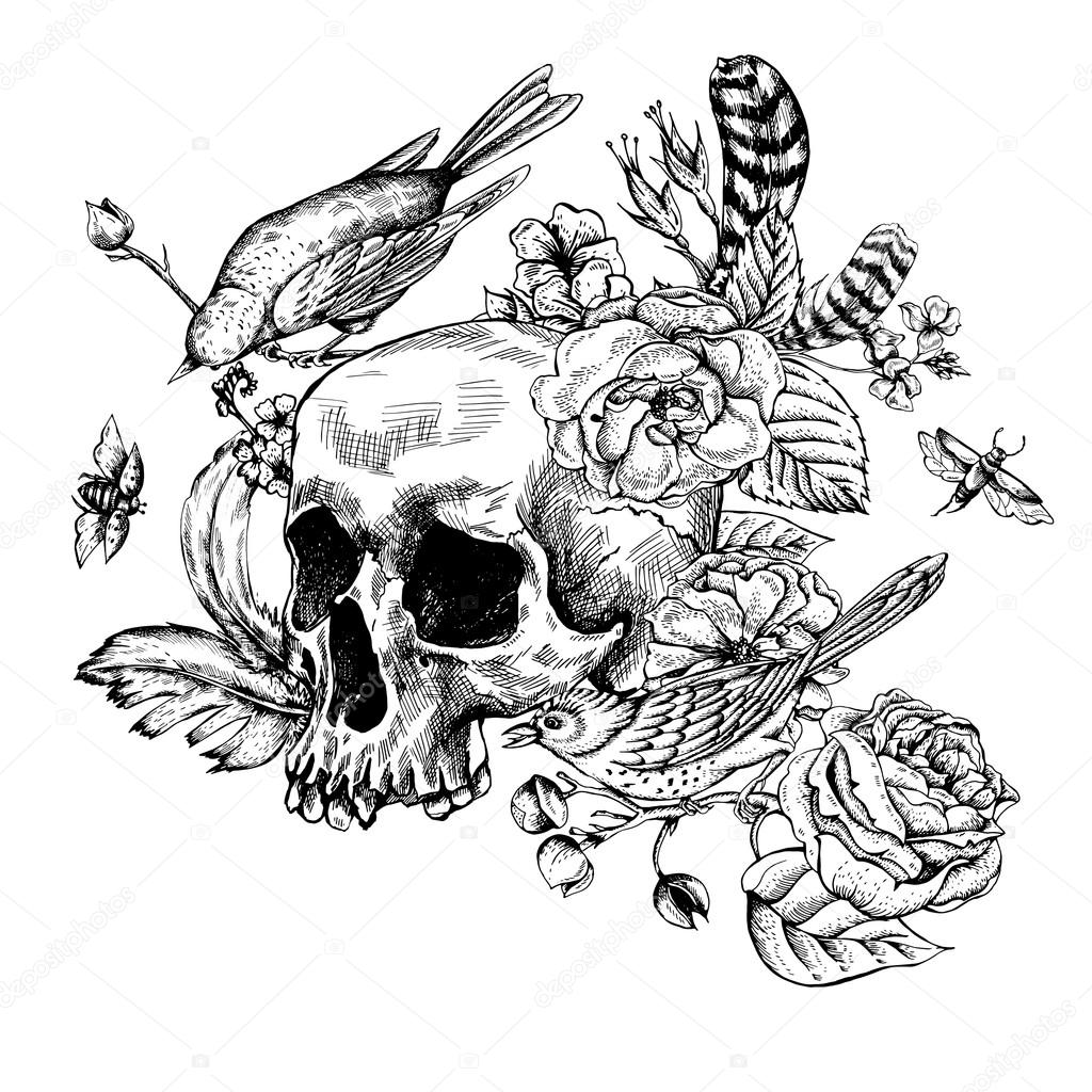 Skull with Flowers, Roses, Birds and Feathers