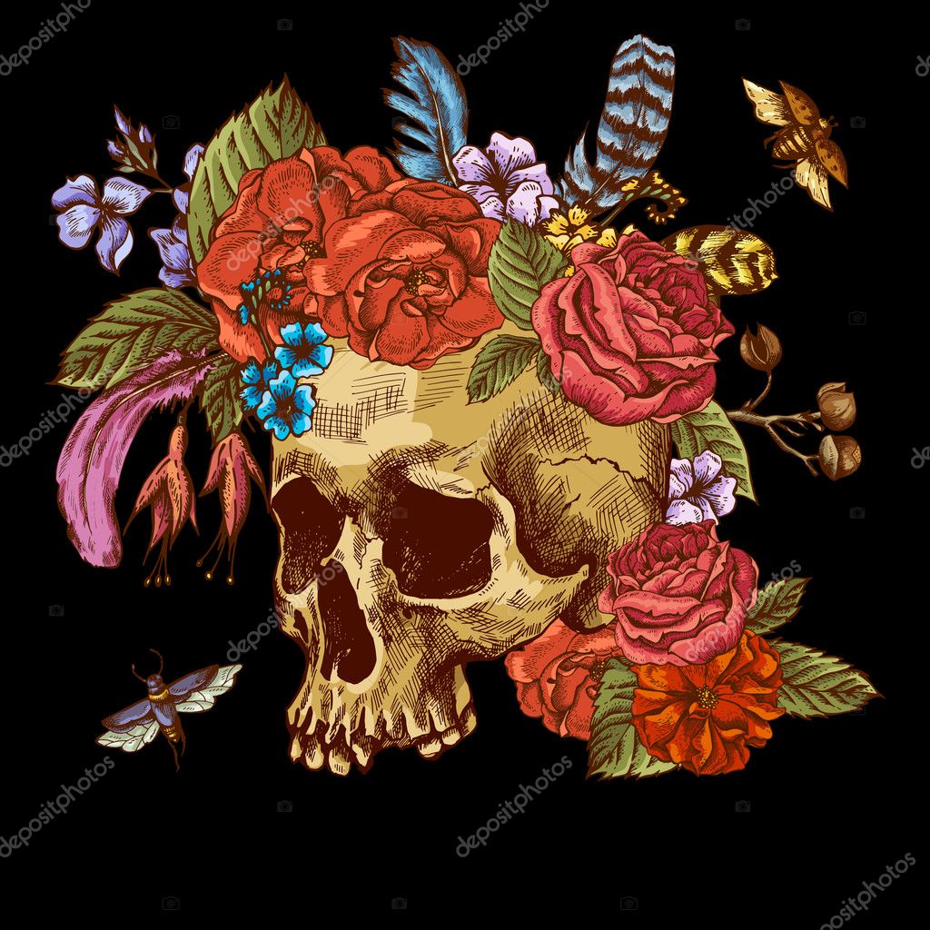 죽은 자의 해골과 꽃의 날 스톡 벡터 - ©Depiano 92993590, image size:1024x1024