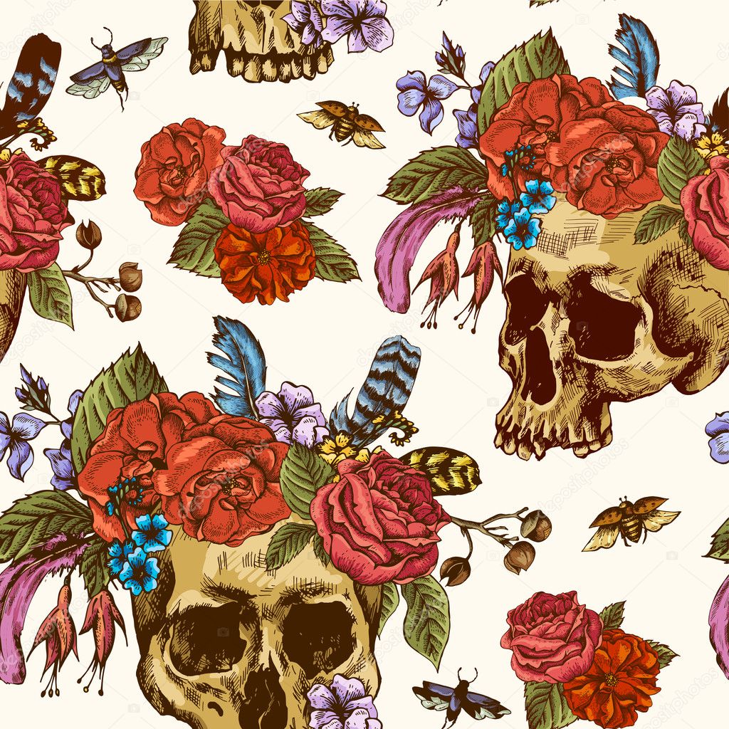 Skull and Flowers Day of The Dead Seamless Pattern