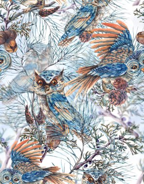 Watercolor Seamless Pattern with Owls