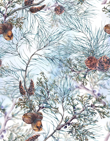 Watercolor Christmas Seamless Pattern with Tree Branches — Stok fotoğraf