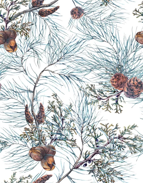 Watercolor Christmas Seamless Pattern with Tree Branches — Stok fotoğraf