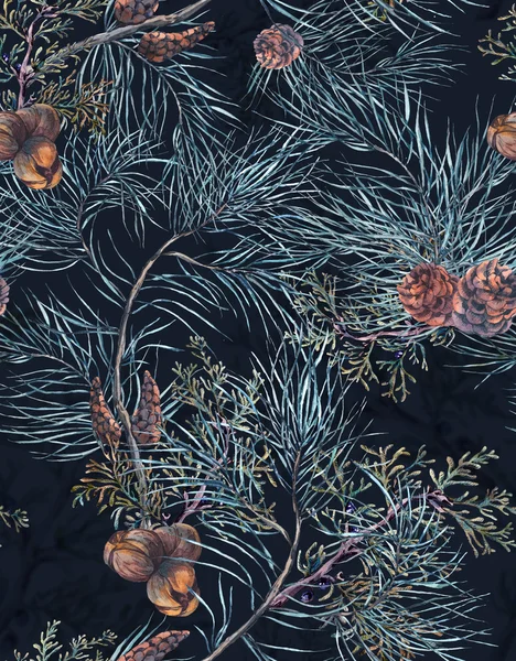 Watercolor Christmas Seamless Pattern with Tree Branches — 图库照片