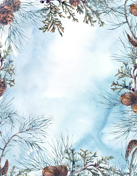 Watercolor Christmas Frame with Tree Branches — Φωτογραφία Αρχείου