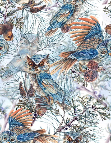 Watercolor Seamless Pattern with Owls — 图库照片