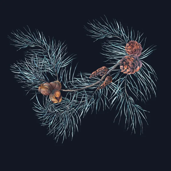 Akvarel vánoční přání s větví — Stock fotografie