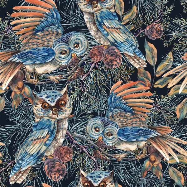 Watercolor Seamless Pattern with Owls — Zdjęcie stockowe