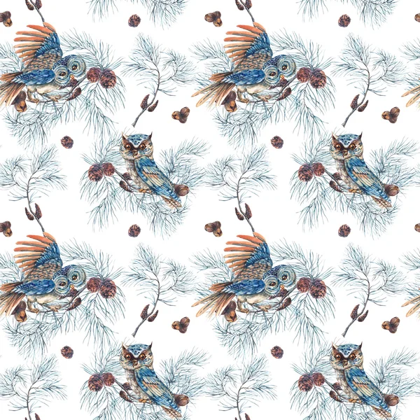 Watercolor Seamless Pattern with Owls — ストック写真