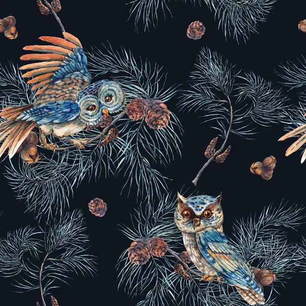 Watercolor Seamless Pattern with Owls — Stock Photo, Image