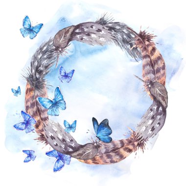 Tüyler ve mavi kelebekler suluboya çelenk