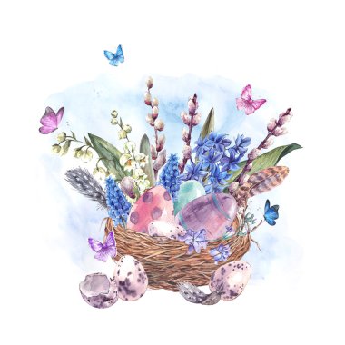 Tebrik kartı suluboya mutlu Paskalya bahar buket çiçekler bir