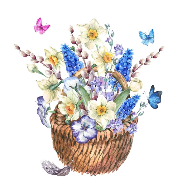 柳細工のラッパスイセンと春の花束 — ストック写真