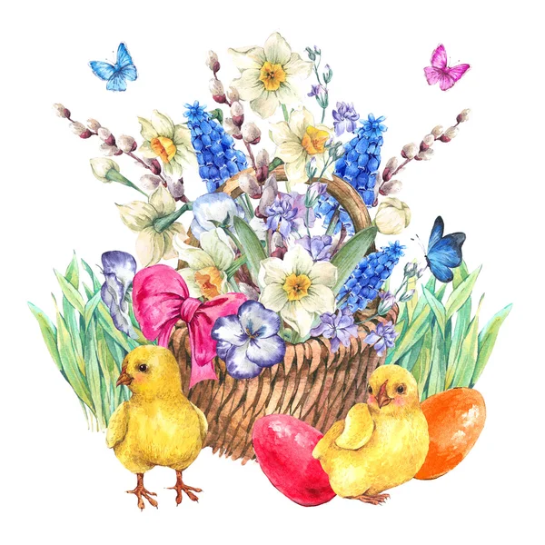 Happy Easter spring bouquet with daffodils in the wicker — Stock Photo, Image