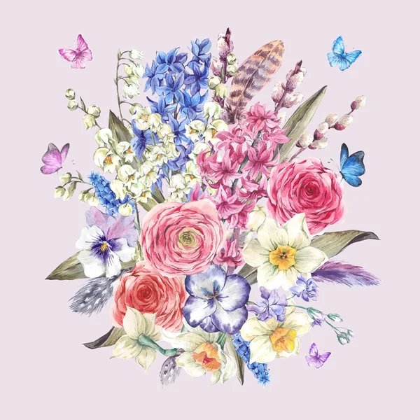 Butterflie와 둥지에서 수채화 빈티지 꽃 꽃다발 — 스톡 사진