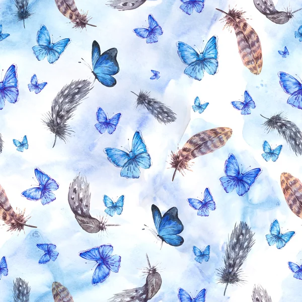 Watercolor seamless background with feathers and blue butterflie — Stock Photo, Image