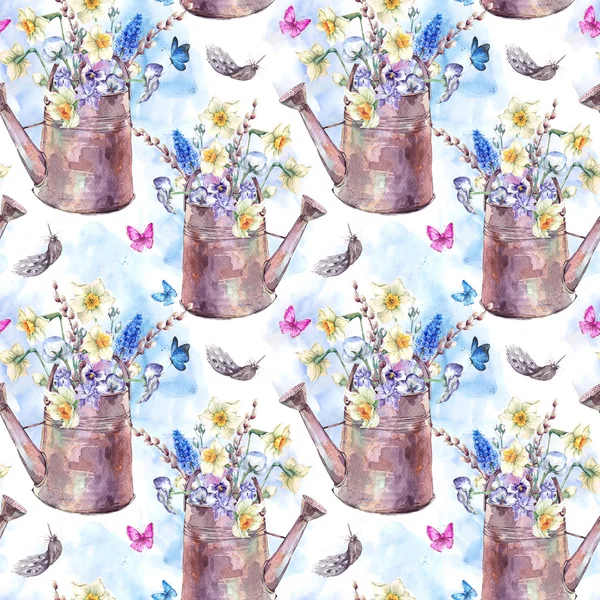 Seamless pattern with daffodils, violets, pussy-willow, pansies, — Stock Photo, Image