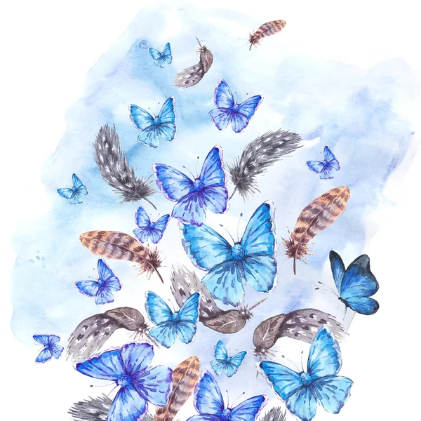 Watercolor greeting card with feathers and blue butterflies — Stock Photo, Image