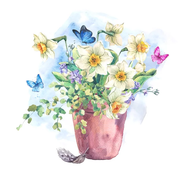 Buquê de aquarela jardim primavera em vasos de flores — Fotografia de Stock